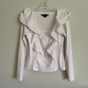 Veronica Beard White Gidea Ruffle Ribbed Long Sleeve Top Sz L Office Romantic